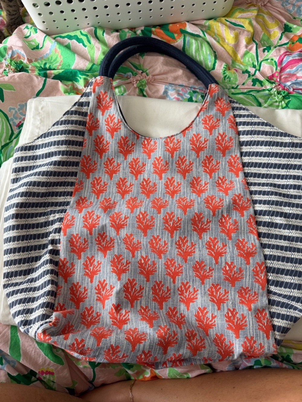 Stella & Dot Navy and Cream Striped Canvas Tote Interior